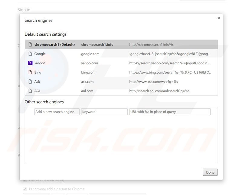 Removing chromesearch1.info from Google Chrome default search engine