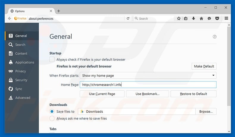 Removing chromesearch1.info from Mozilla Firefox homepage