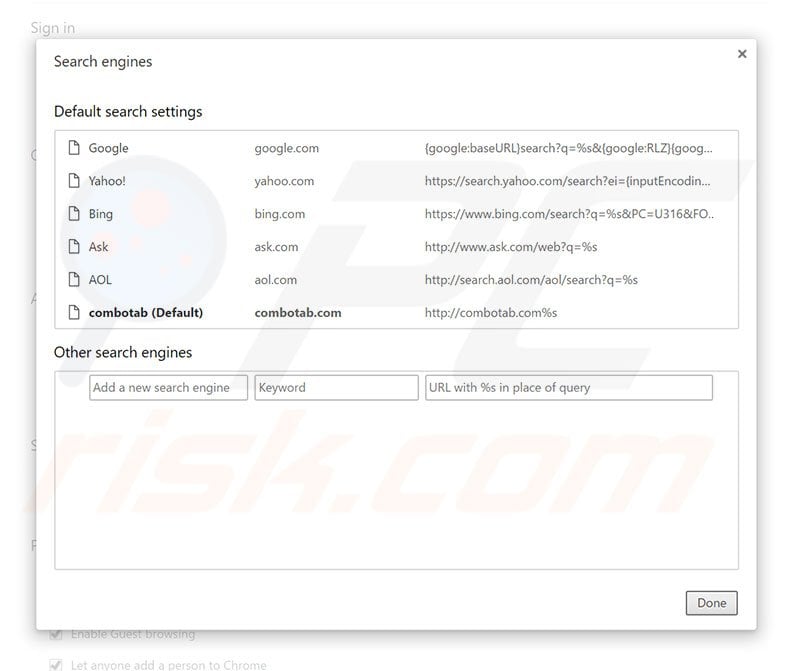 Removing combotab.com from Google Chrome default search engine