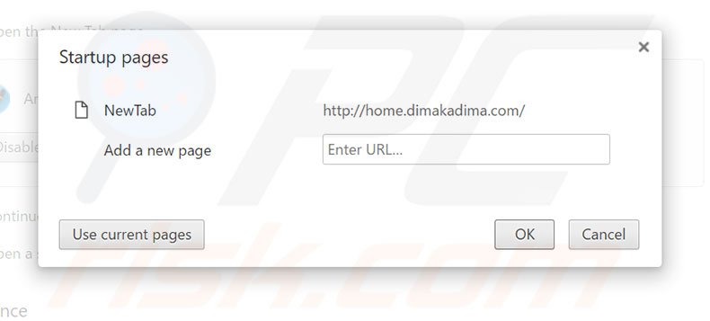 Removing home.dimakadima.com from Google Chrome homepage