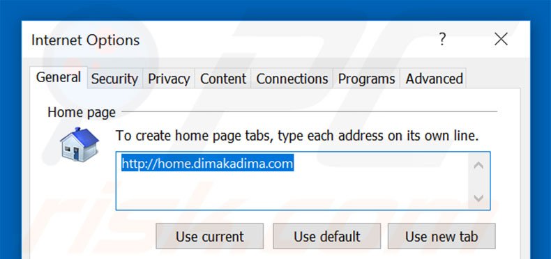 Removing home.dimakadima.com from Internet Explorer homepage