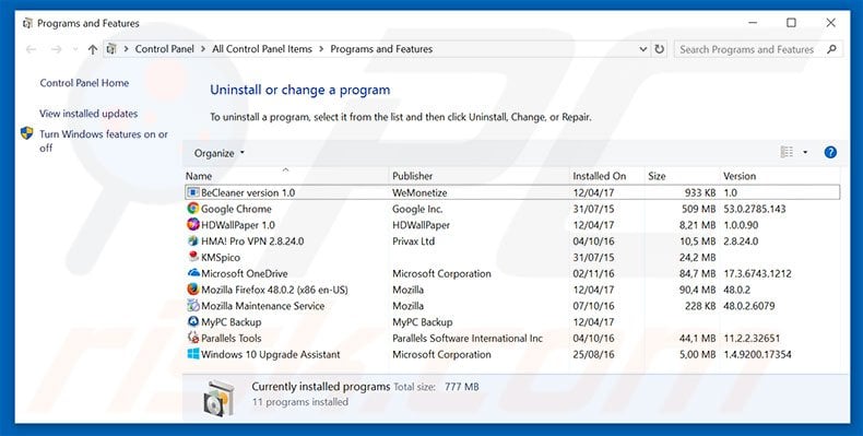 home.dimakadima.com browser hijacker uninstall via Control Panel