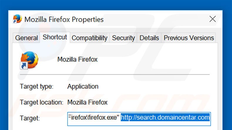 Removing search.domaincentar.com from Mozilla Firefox shortcut target step 2