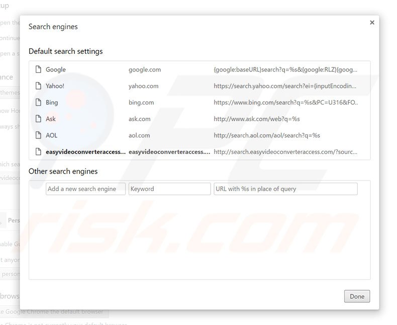 Removing search.easyvideoconverteraccess.com from Google Chrome default search engine