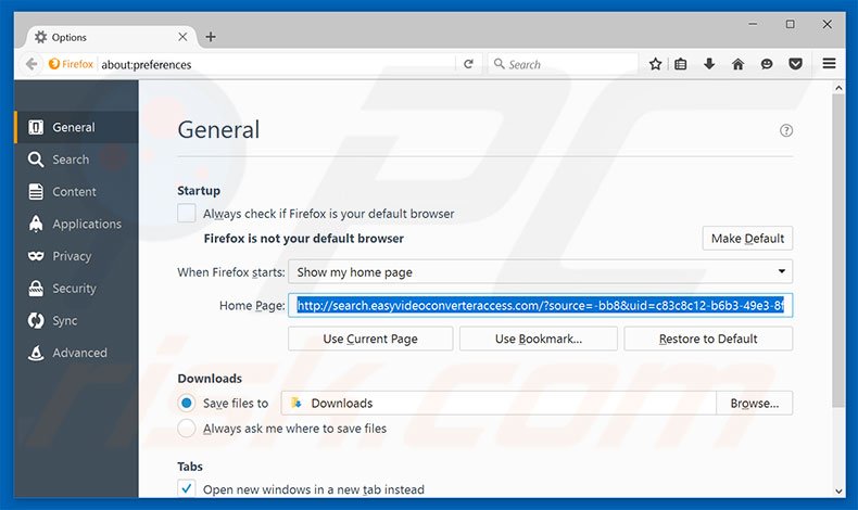 Removing search.easyvideoconverteraccess.com from Mozilla Firefox homepage