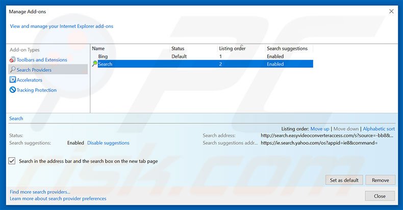 Removing search.easyvideoconverteraccess.com from Internet Explorer default search engine