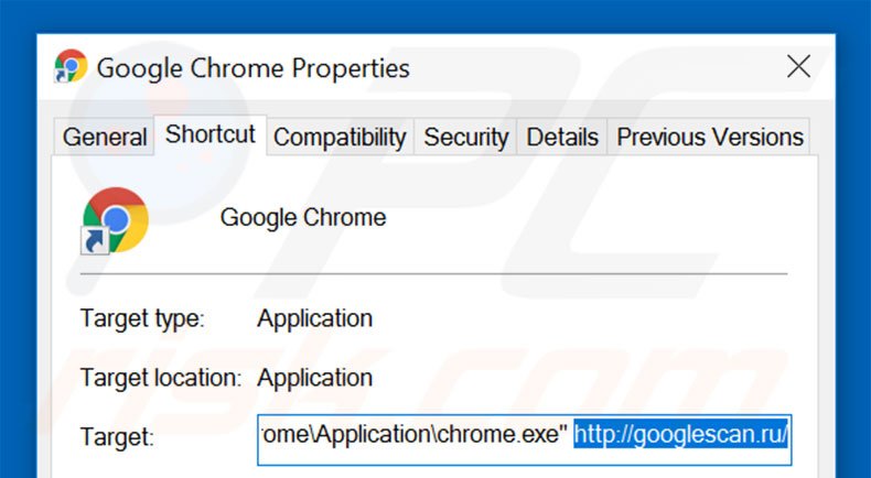 Removing googlescan.ru from Google Chrome shortcut target step 2