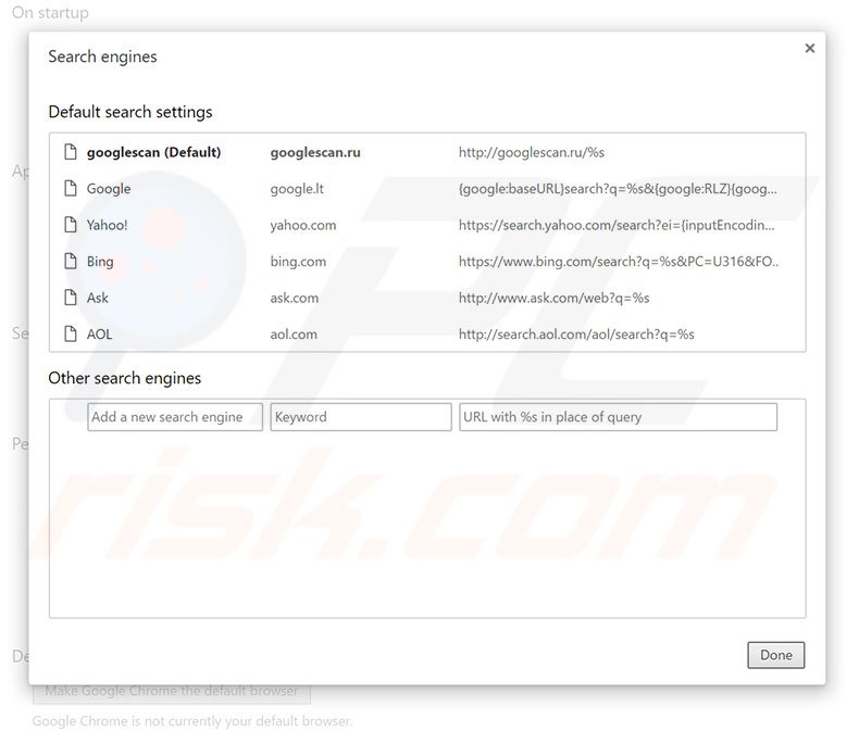 Removing googlescan.ru from Google Chrome default search engine