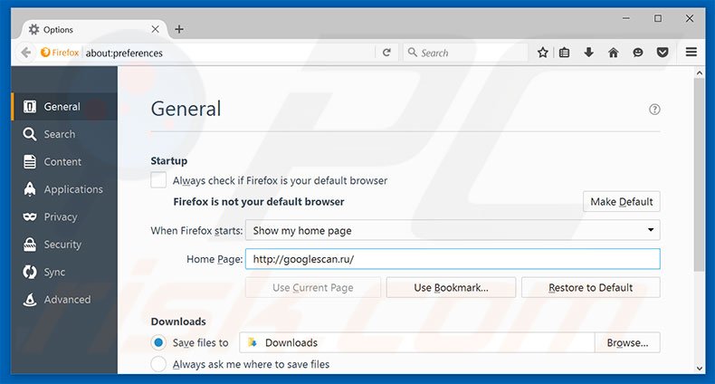 Removing googlescan.ru from Mozilla Firefox homepage