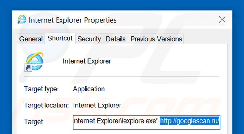 Removing googlescan.ru from Internet Explorer shortcut target step 2