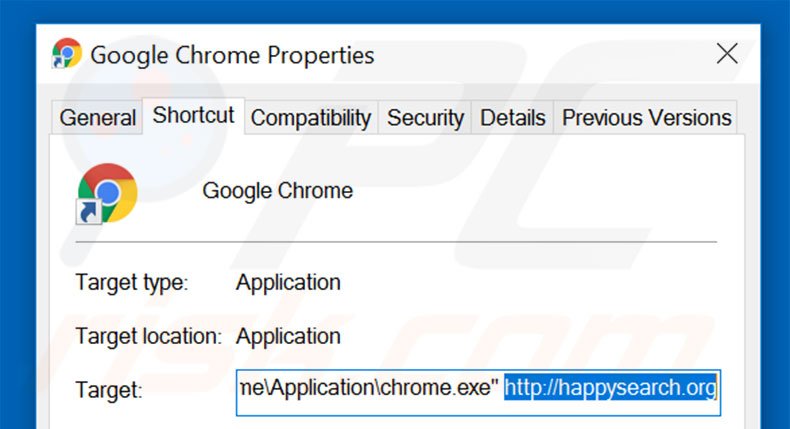 Removing happysearch.org from Google Chrome shortcut target step 2