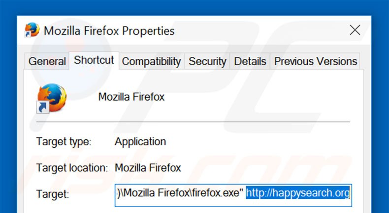 Removing happysearch.org from Mozilla Firefox shortcut target step 2