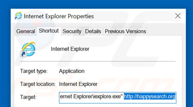 Removing happysearch.org from Internet Explorer shortcut target step 2