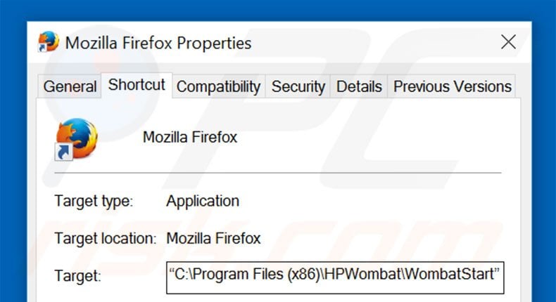 Removing HPWombat from Mozilla Firefox shortcut target step 2