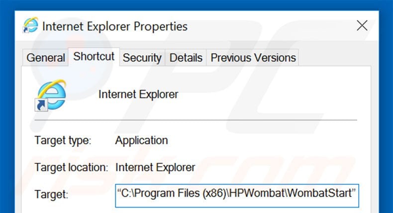 Removing HPWombat from Internet Explorer shortcut target step 2