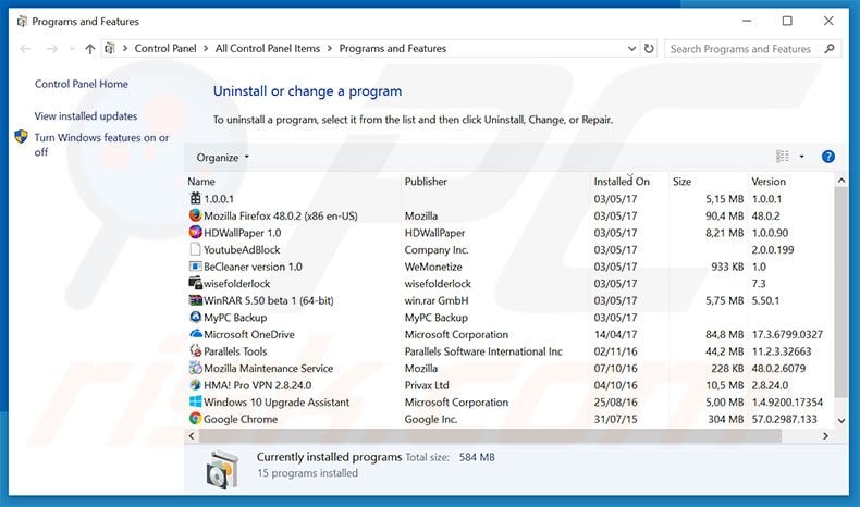 HPWombat browser hijacker uninstall via Control Panel