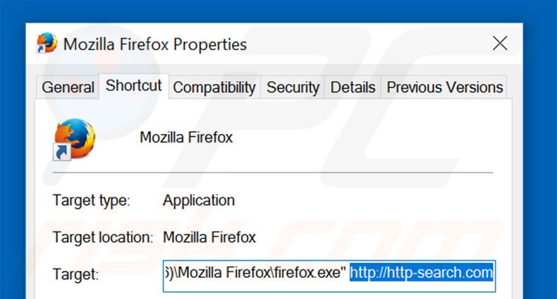 Removing http-search.com from Mozilla Firefox shortcut target step 2