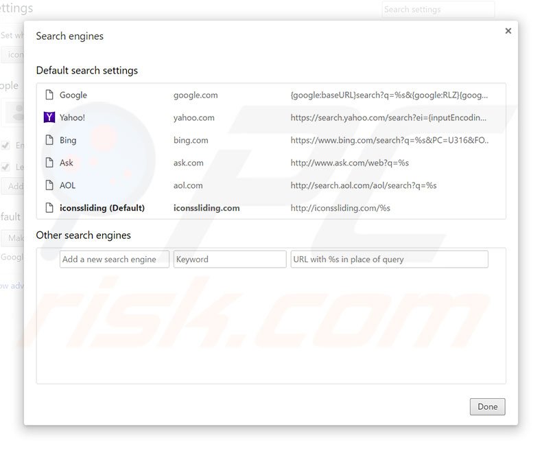 Removing iconssliding.com from Google Chrome default search engine
