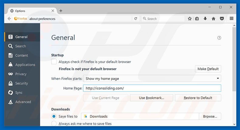 Removing iconssliding.com from Mozilla Firefox homepage