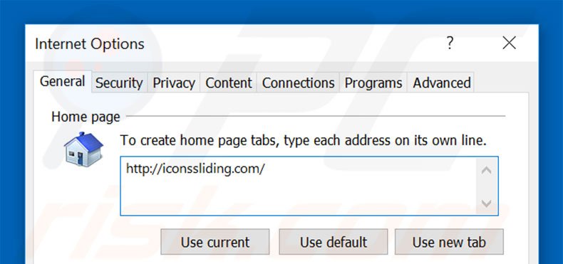 Removing iconssliding.com from Internet Explorer homepage