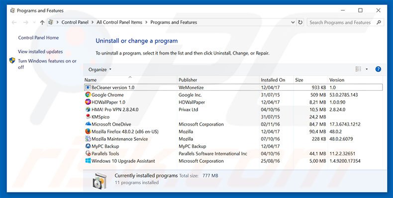 iconssliding.com browser hijacker uninstall via Control Panel