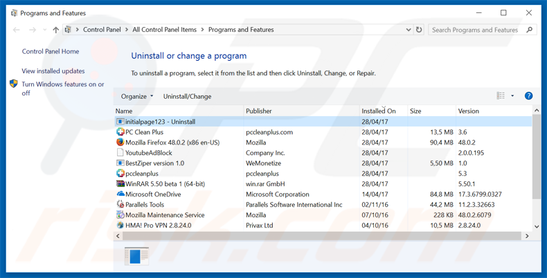 initialpage123 uninstall via Control Panel