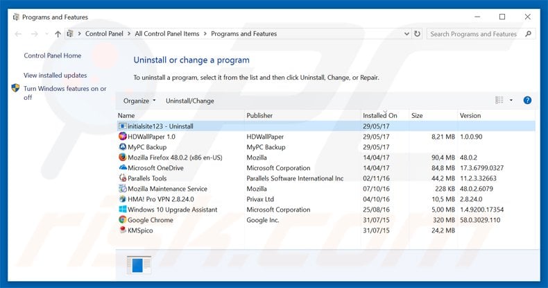 initialsite123.com browser hijacker uninstall via Control Panel