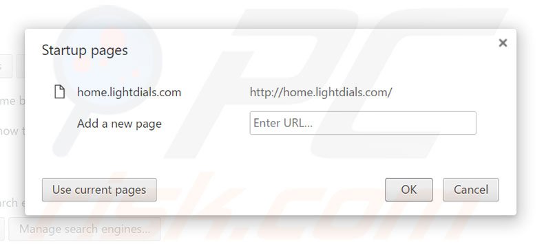 Removing home.lightdials.com from Google Chrome homepage