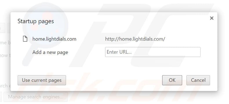 Removing home.lightdials.com from Google Chrome homepage