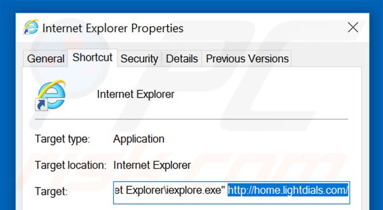 Removing home.lightdials.com from Internet Explorer shortcut target step 2