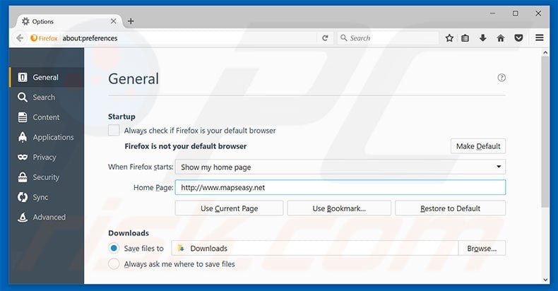 Removing mapseasy.net from Mozilla Firefox homepage