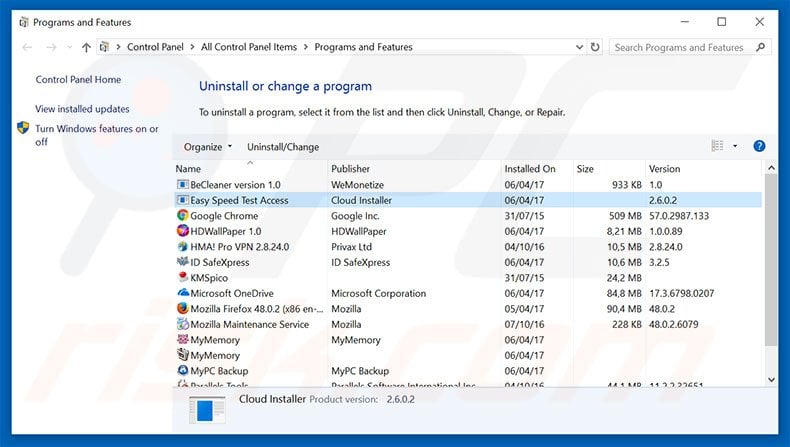 mapseasy.net browser hijacker uninstall via Control Panel