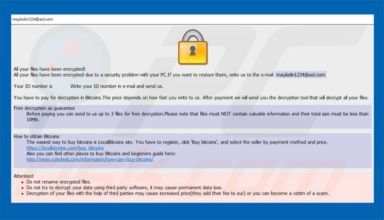 Maykolin ransomware ransom note (pop-up)