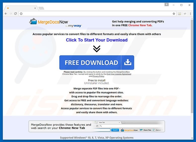 Website used to promote MergeDocsNow browser hijacker