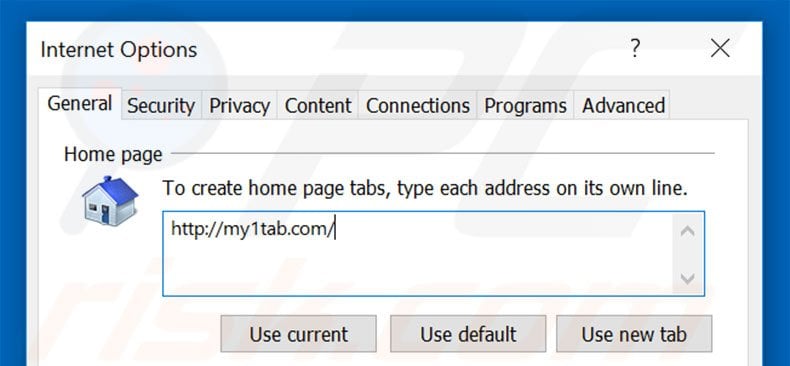 Removing my1tab.com from Internet Explorer homepage