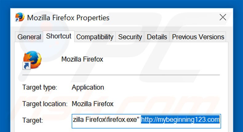 Removing mybeginning123.com from Mozilla Firefox shortcut target step 2