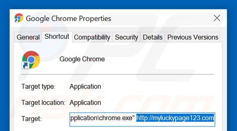 Removing myluckypage123.com from Google Chrome shortcut target step 2