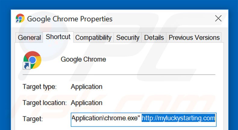 Removing myluckystarting.com from Google Chrome shortcut target step 2