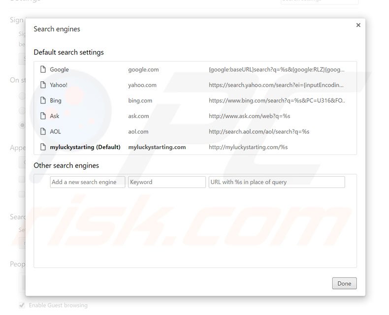 Removing myluckystarting.com from Google Chrome default search engine