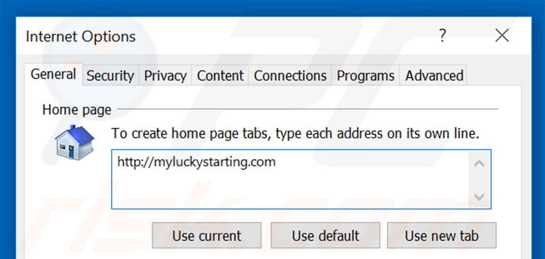 Removing myluckystarting.com from Internet Explorer homepage
