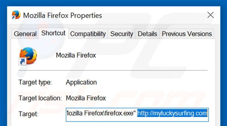 Removing myluckysurfing.com from Mozilla Firefox shortcut target step 2