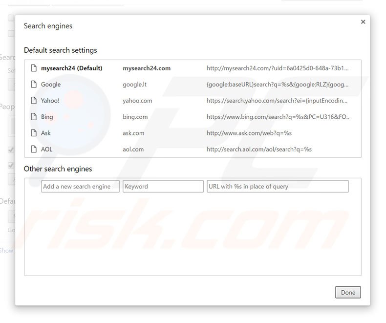 Removing mysearch24.com from Google Chrome default search engine