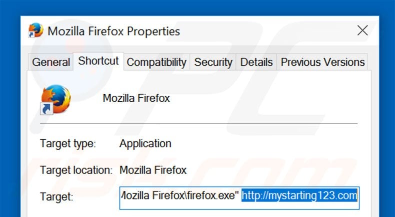 Removing mystarting123.com from Mozilla Firefox shortcut target step 2