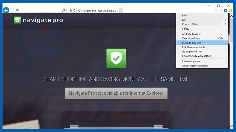 Removing Navigate Pro ads from Internet Explorer step 1
