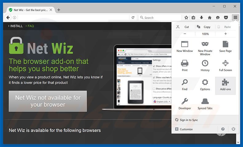 Removing Net Wiz ads from Mozilla Firefox step 1