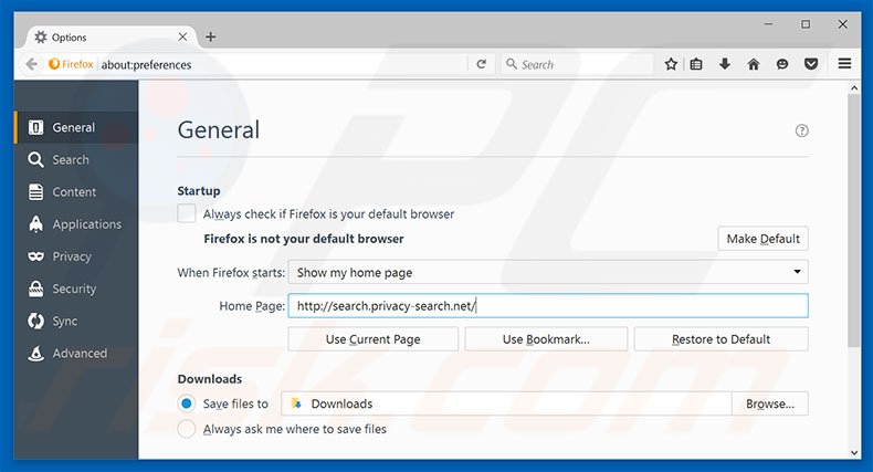 removendo a pesquisa.Privacidade-pesquisa.líquido a partir do Mozilla Firefox da página inicial