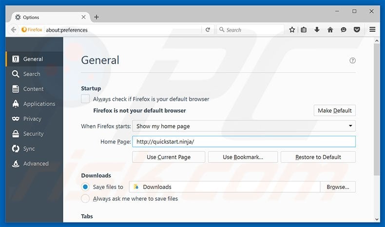 Removing quickstart.ninja from Mozilla Firefox homepage