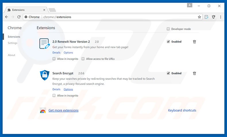 Removing search.renewitnow.com related Google Chrome extensions