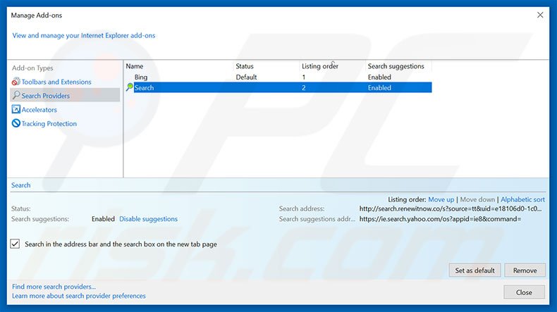 Removing search.renewitnow.com from Internet Explorer default search engine