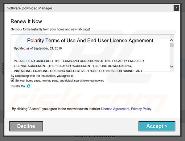 Official Renew It Now browser hijacker installation setup